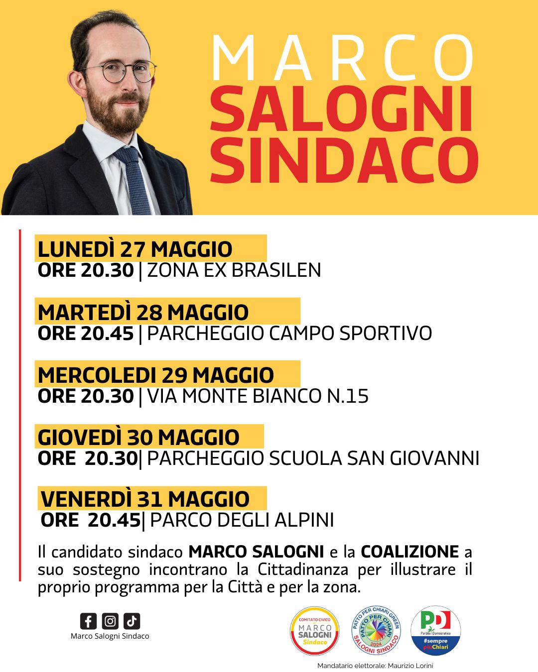 nuove tappe tour “PER LA CITTÀ” dove il candidato sindaco Marco Salogni e la coalizione a suo sostegno incontrano la cittadinanza per illustrare il programma per la città e per la zona di riferimento.